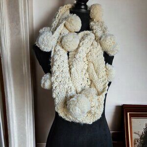 LOOK Infinity Scarf in Creme and Crochet.  Detailed with Puff Balls